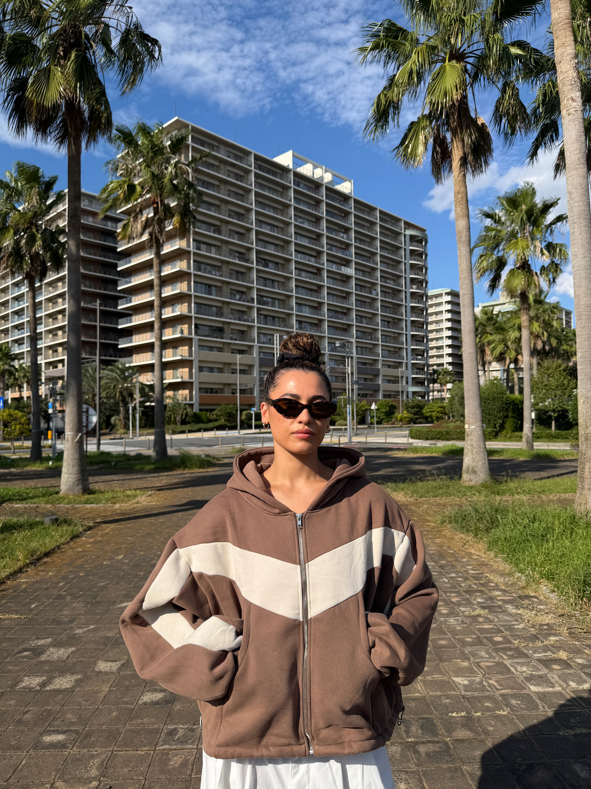 Retro Zipper Hoodie - Cocoa Cream