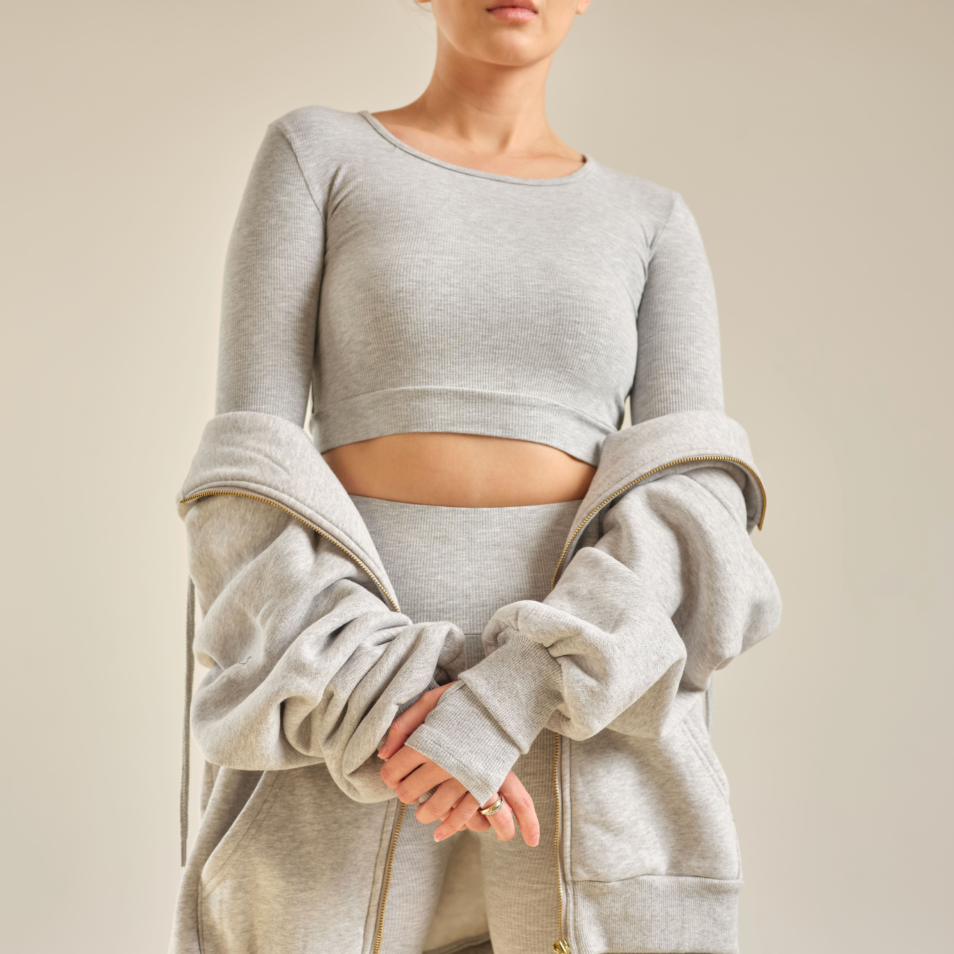 Ribbed Lounge Long Sleeve Crop - Cloud Grey